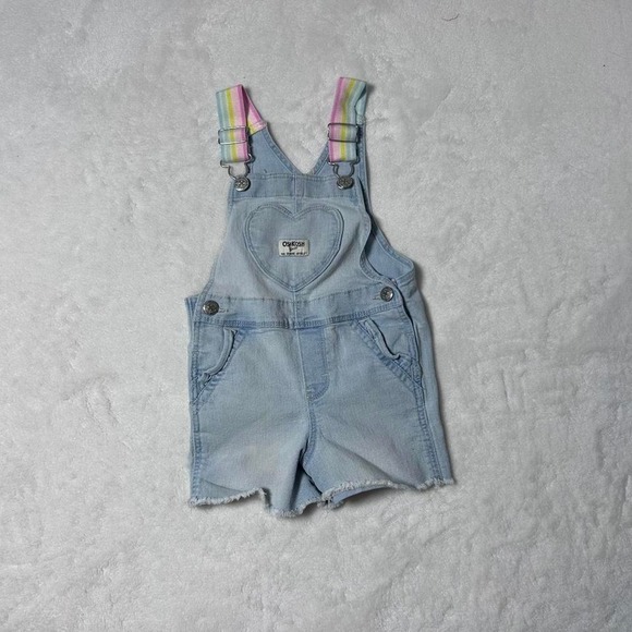 OshKosh B'gosh Other - Blue denim shorts overalls with heart detail and rainbow straps. Size: 2 years